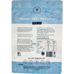 Back of a 750g bag of Paleo Hero Primal Choc Granola showing ingredients and nutritional information.
