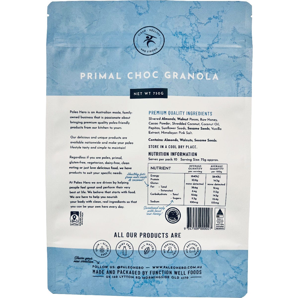 Back of a 750g bag of Paleo Hero Primal Choc Granola showing ingredients and nutritional information.