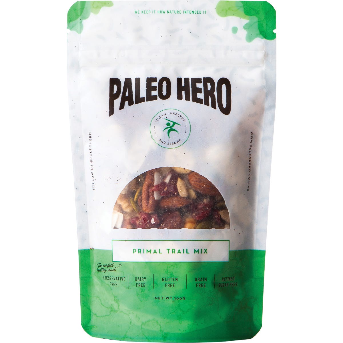 Paleo Hero Primal Trail Mix 100g bag featuring a blend of premium nuts, seeds, and dried berries on a white background.