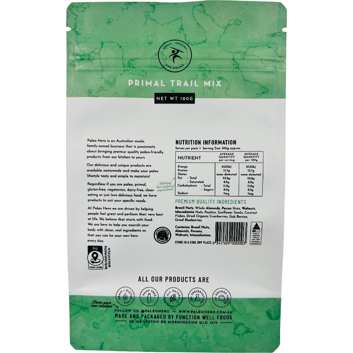 Back of a 100g Paleo Hero Primal Trail Mix bag with nutritional facts and ingredients on a white background.