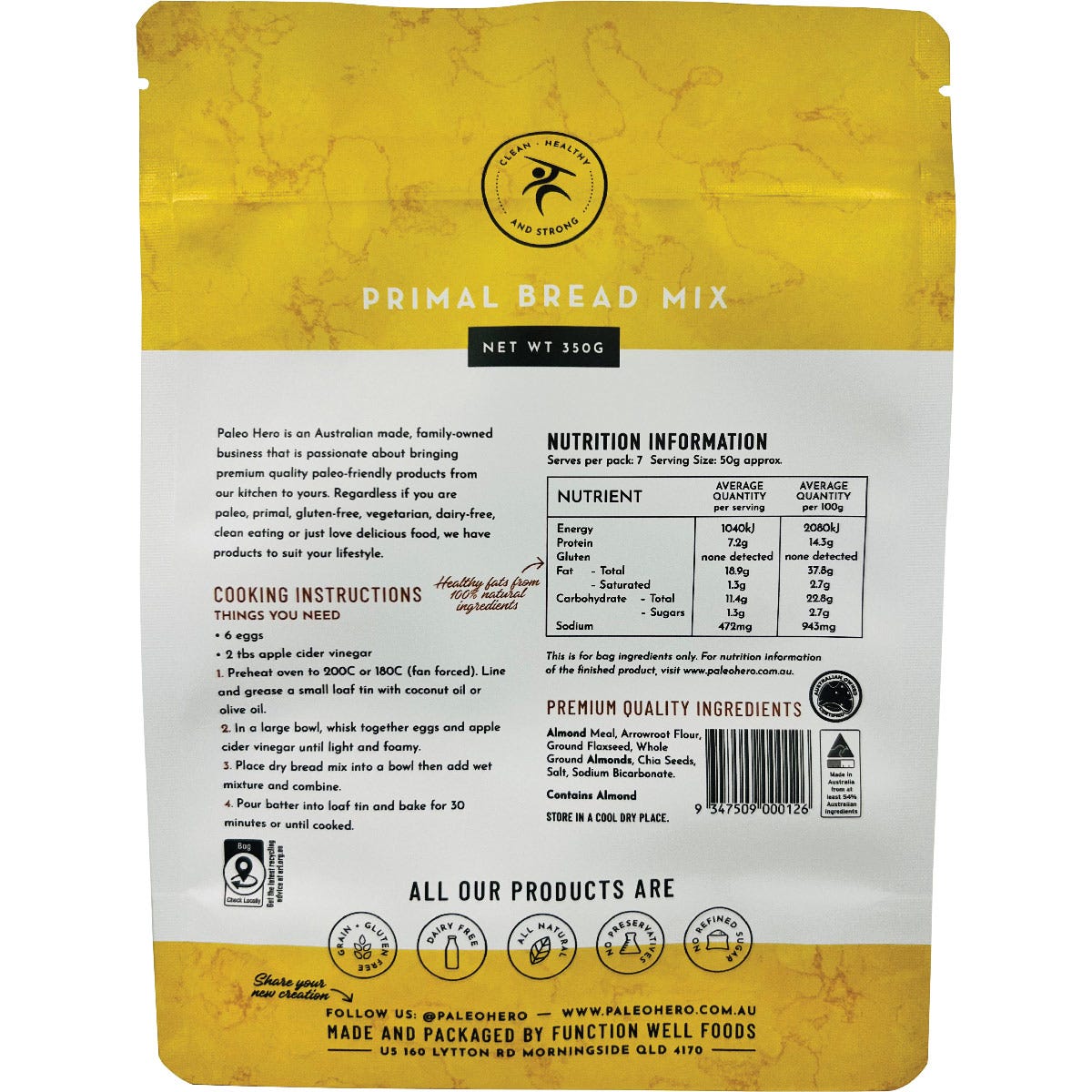 Back of Paleo Hero Primal Bread Mix 350g bag showing nutritional facts, ingredients, and baking directions.