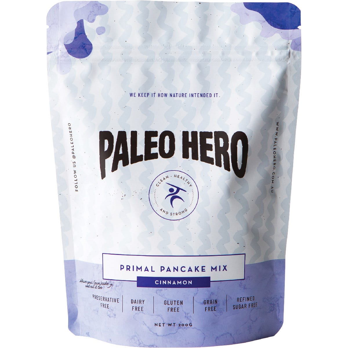 Paleo Hero Primal Pancake Mix Cinnamon 200g bag featuring a stack of pancakes with berries and honey.