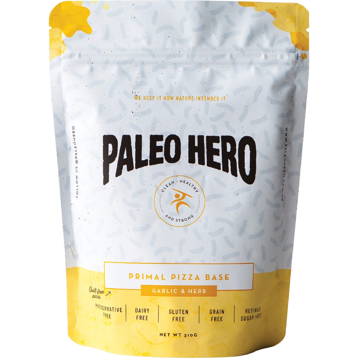 310g Paleo Hero Primal Pizza Base Mix Garlic and Herb pouch with botanical illustrations on a black background.