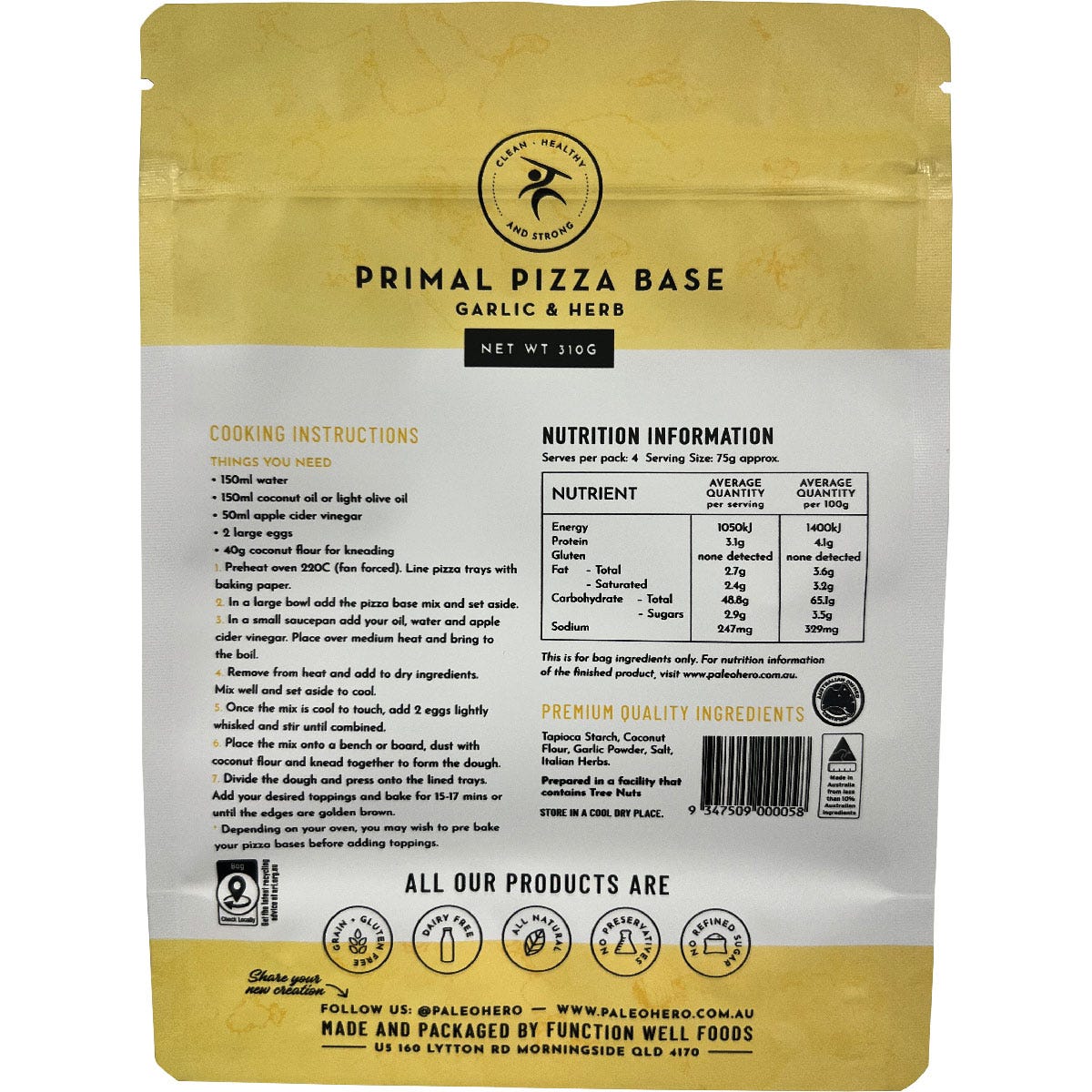 Back of Paleo Hero Primal Pizza Base Mix Garlic and Herb 310g pouch showing nutritional facts and ingredients.