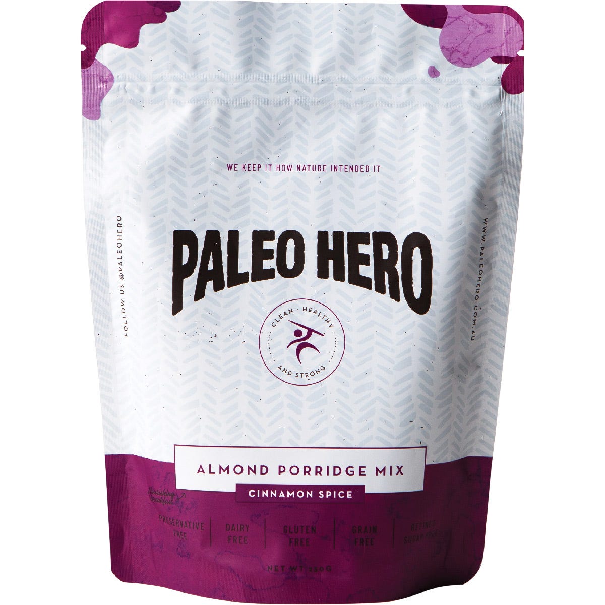 250g bag of Paleo Hero Primal Almond Porridge Mix in Cinnamon Spice flavor featuring a bowl of prepared porridge.