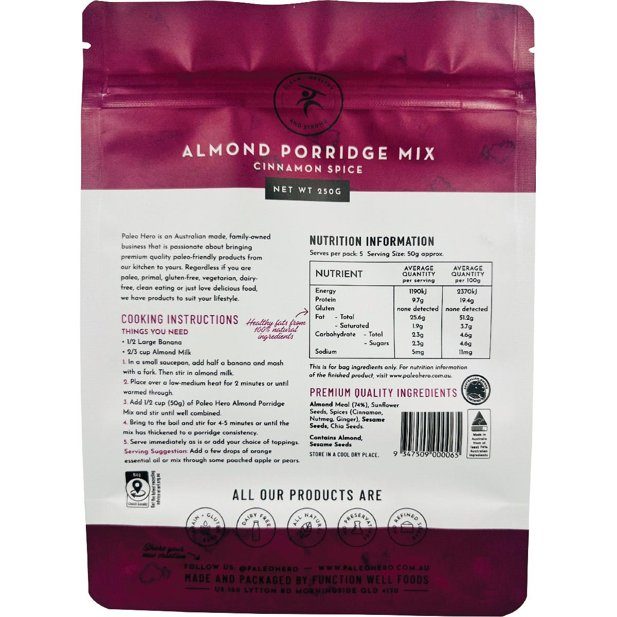 Back of a 250g Paleo Hero Almond Porridge Mix bag in Cinnamon Spice showing ingredients and nutritional information.