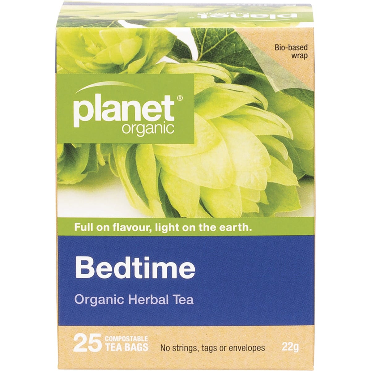Box of Planet Organic Bedtime Herbal Tea with 25 bags, featuring a blue design and images of valerian and hops flowers.