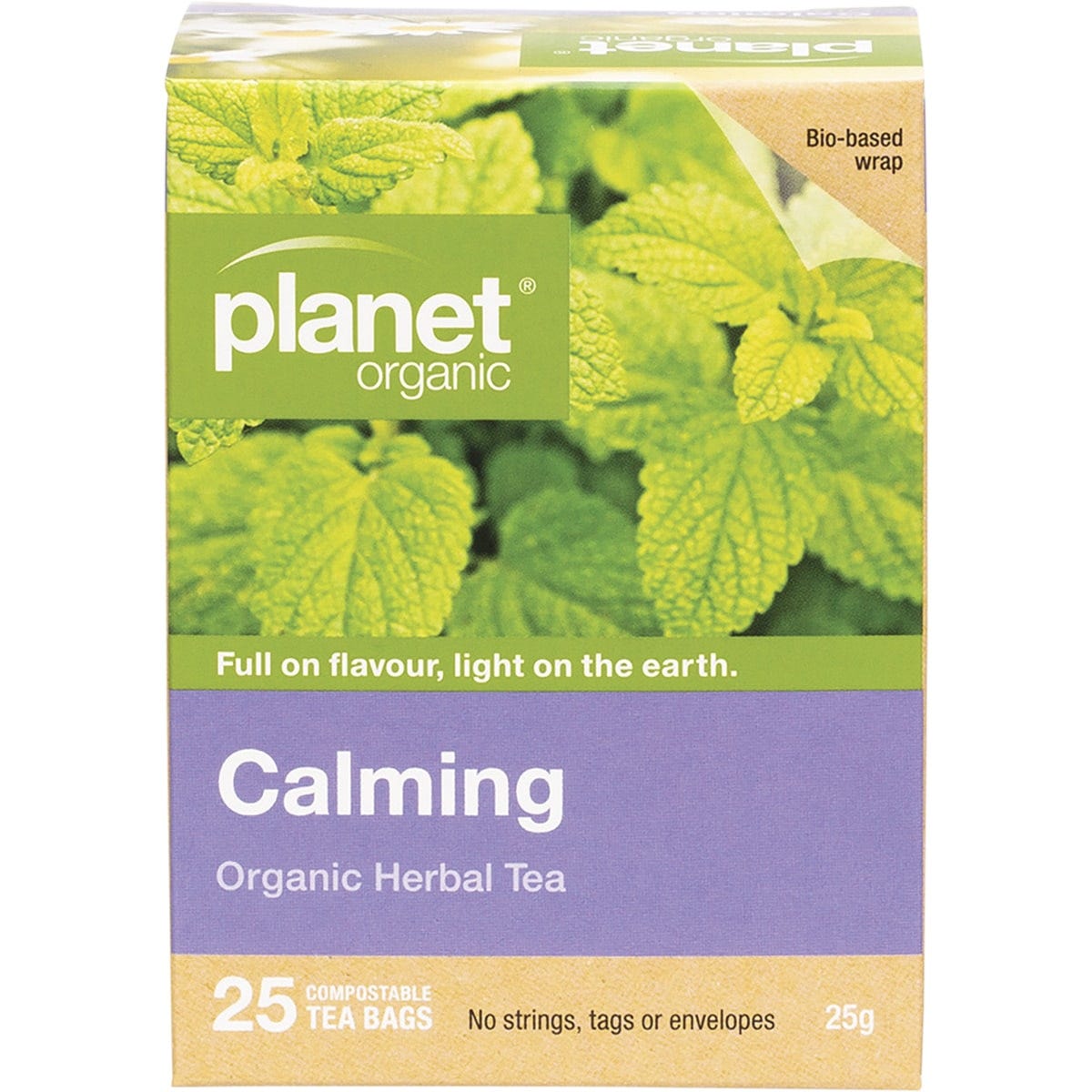 Planet Organic Calming herbal tea 25 bags box featuring chamomile and lemon balm on a white background.