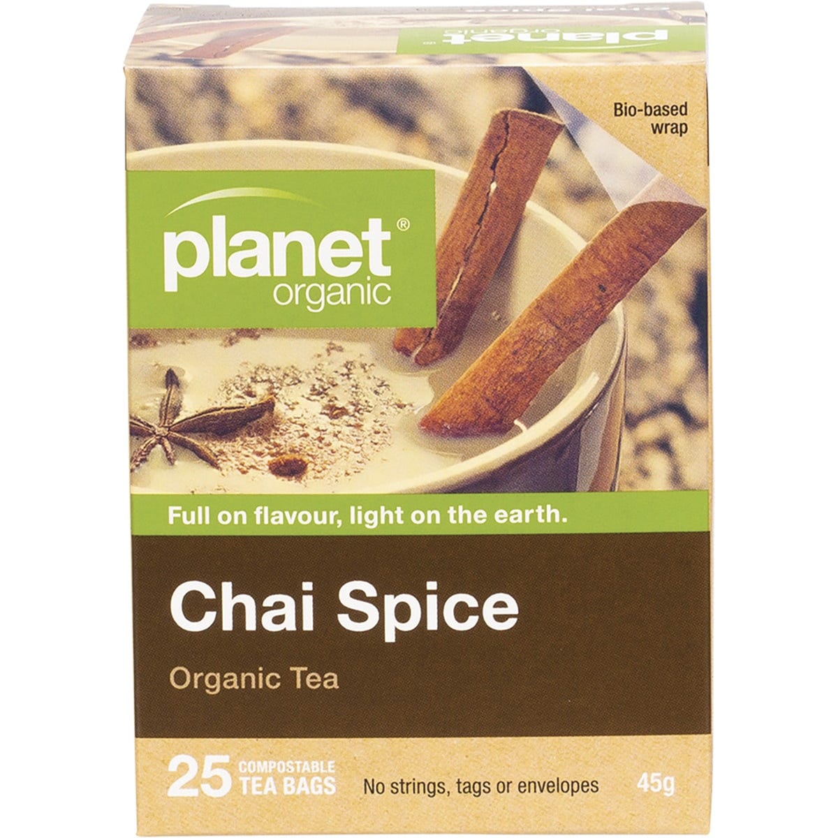 Planet Organic Chai Spice Herbal Tea 25 pack box featuring a blend of certified organic black tea and aromatic spices.