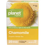 Box of 25 Planet Organic Chamomile Herbal Tea bags featuring white chamomile flowers on a blue and white label.
