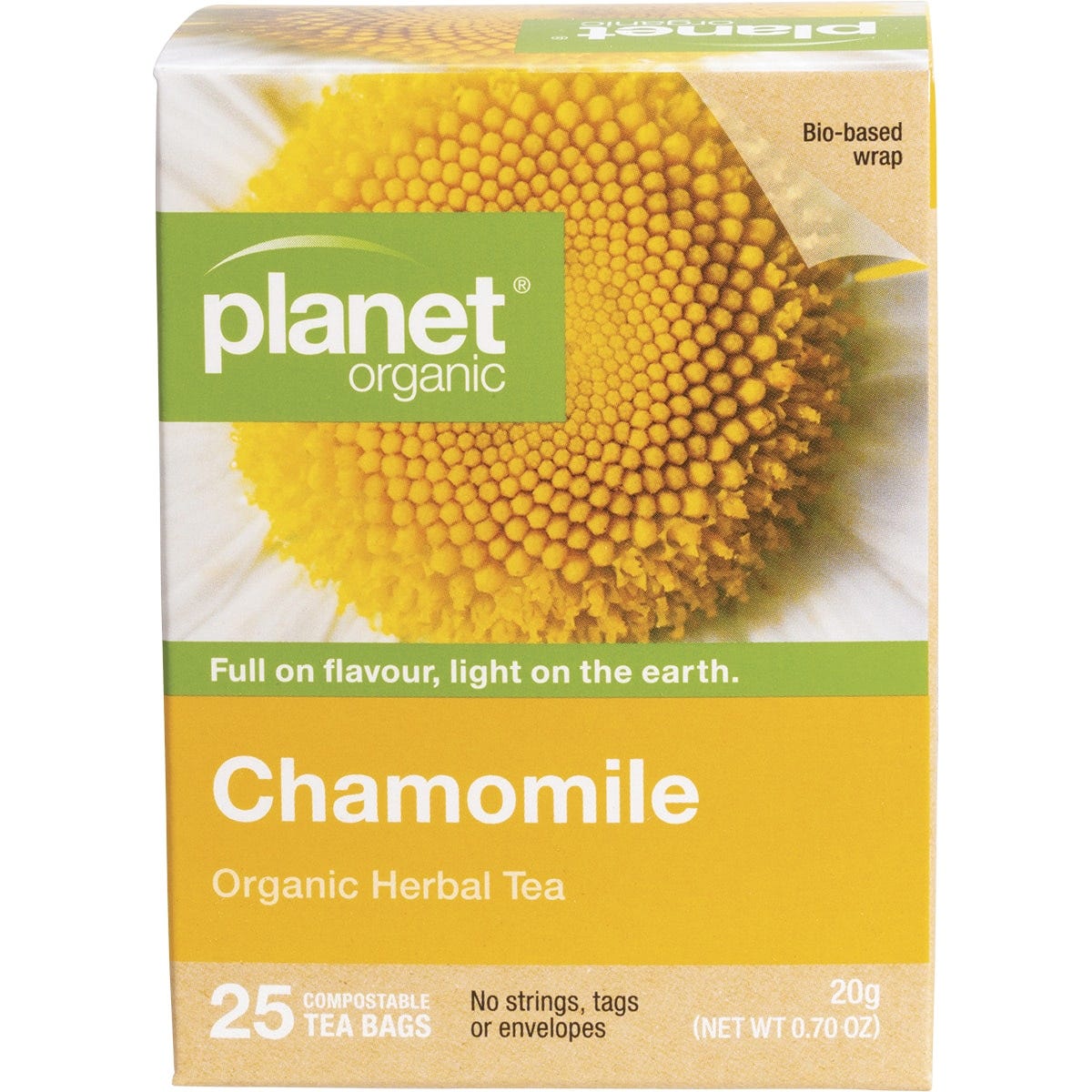 Box of 25 Planet Organic Chamomile Herbal Tea bags featuring white chamomile flowers on a blue and white label.