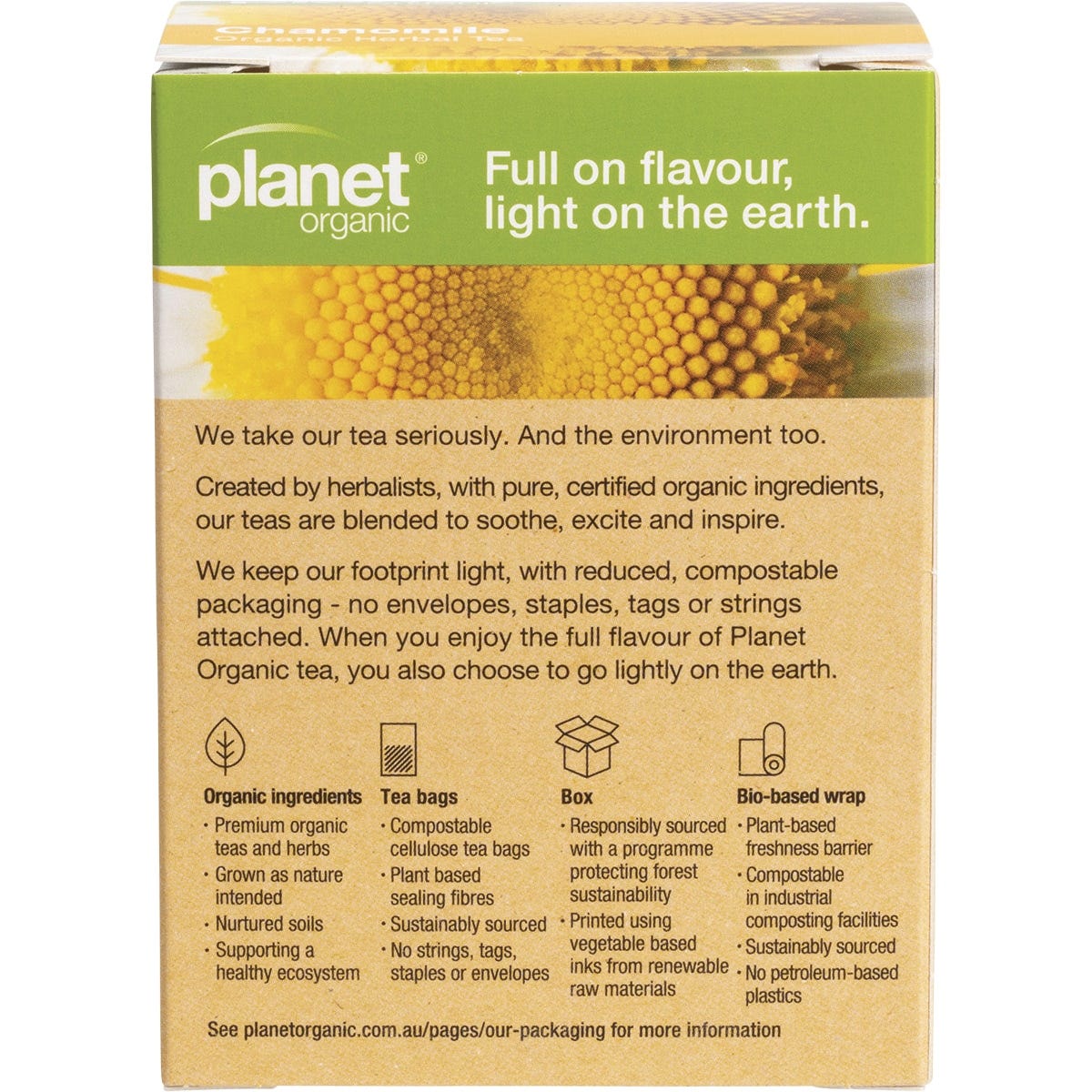 Back of Planet Organic Chamomile tea box with ingredients, directions, and certified organic information.