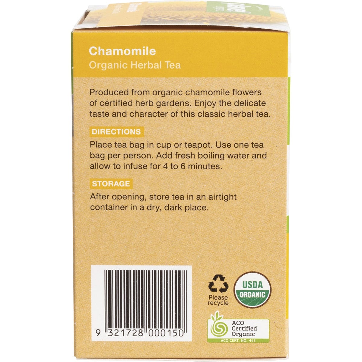 Side view of Planet Organic Chamomile tea box showing product benefits and certified organic logos.