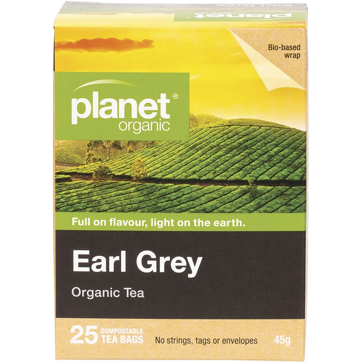 Box of 25 Planet Organic Earl Grey tea bags featuring a blue and white design with bergamot illustrations.