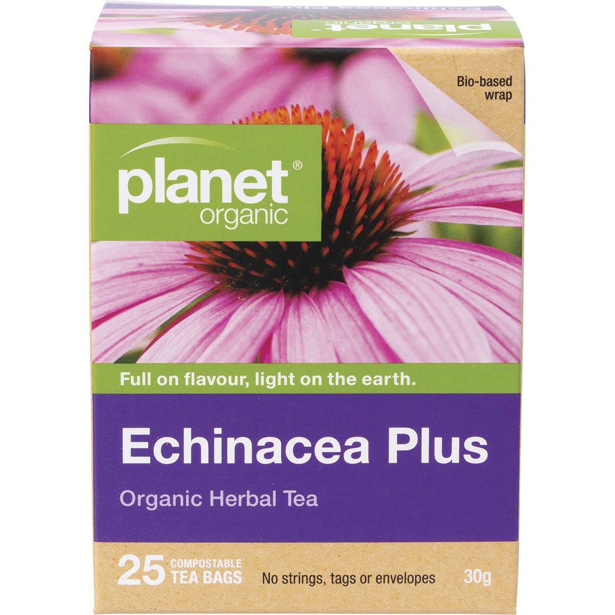 Planet Organic Echinacea Plus Herbal Tea box with 25 tea bags, featuring purple flowers on a white background.