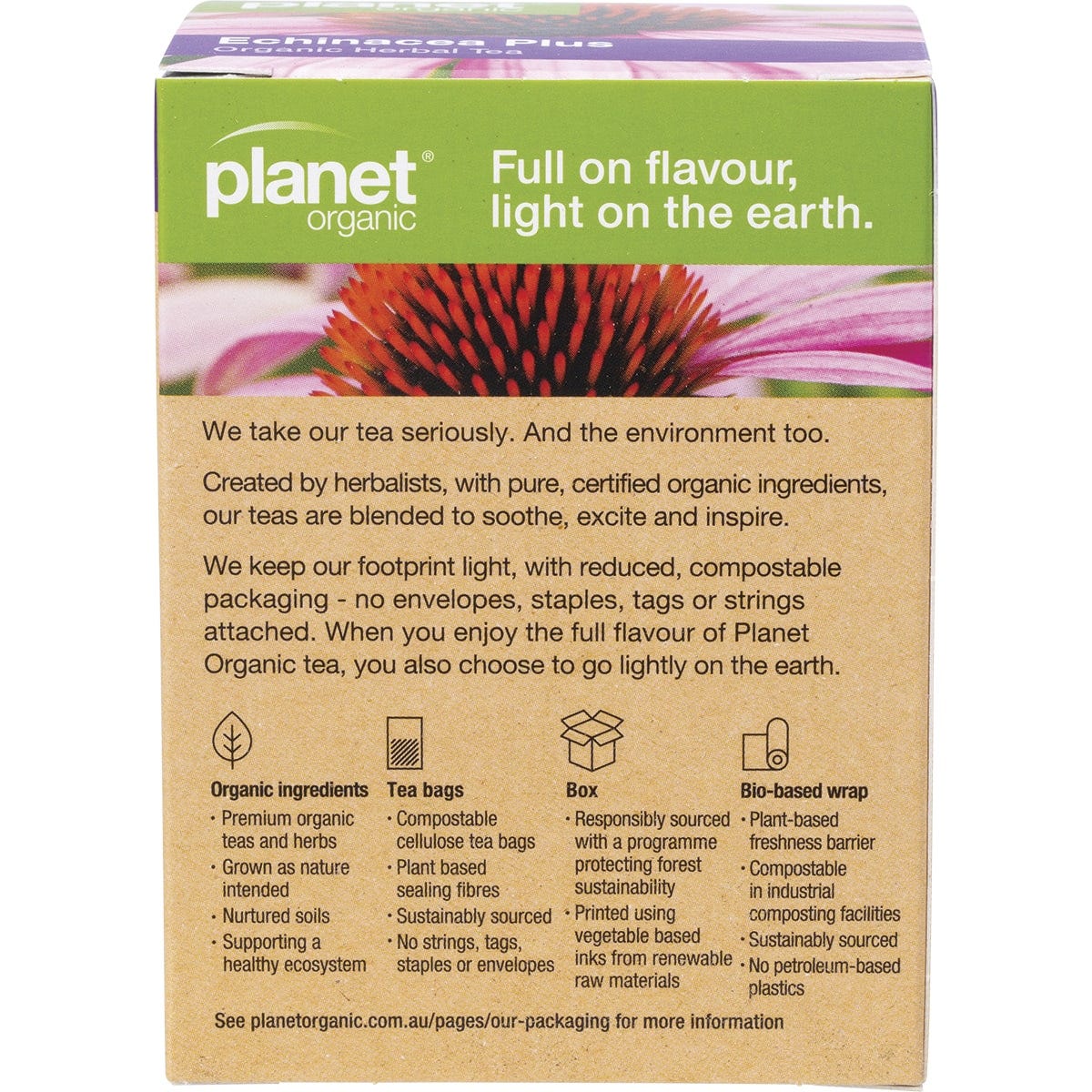 Back of Planet Organic Echinacea Plus tea box showing brewing instructions, ingredients, and product details.