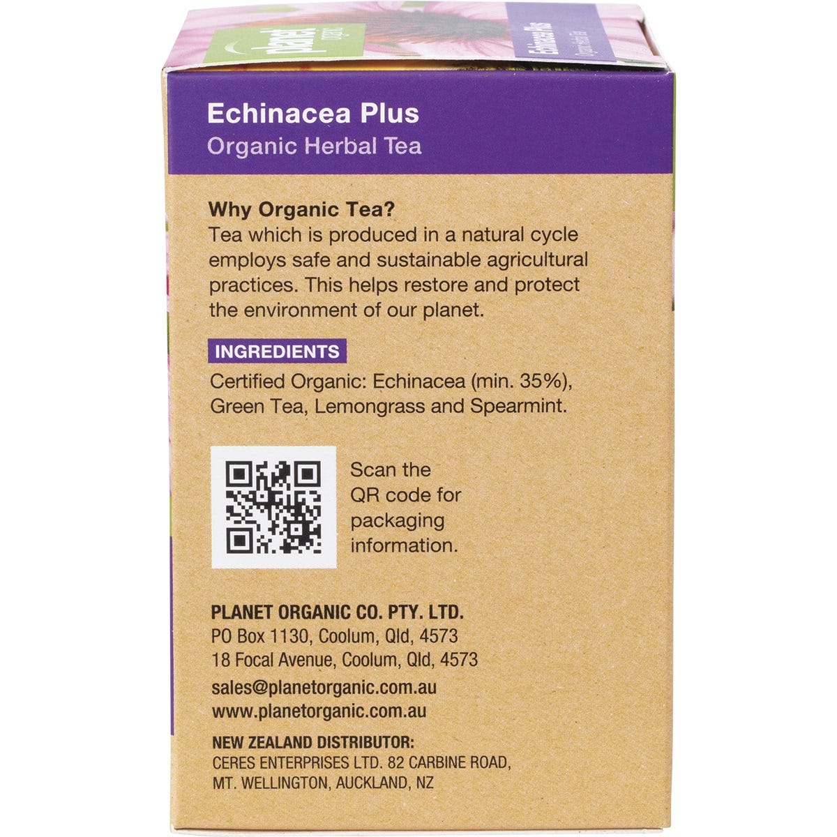 Right side of Planet Organic Echinacea Plus tea box featuring product benefits and an Australian Certified Organic logo.