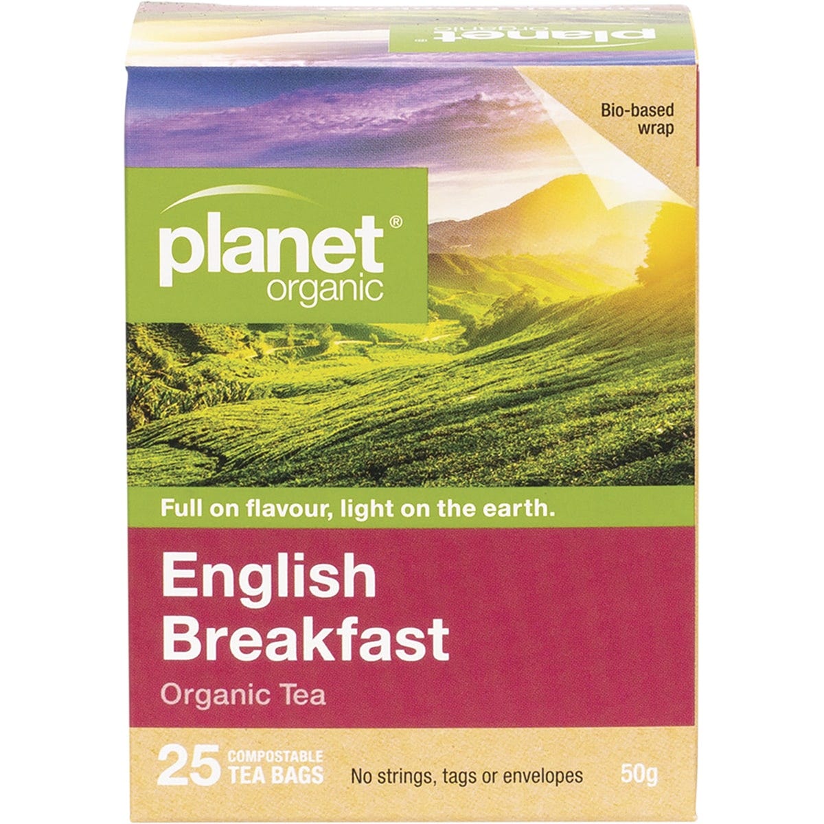 Box of 25 Planet Organic English Breakfast herbal tea bags featuring a traditional blend of certified organic black teas.