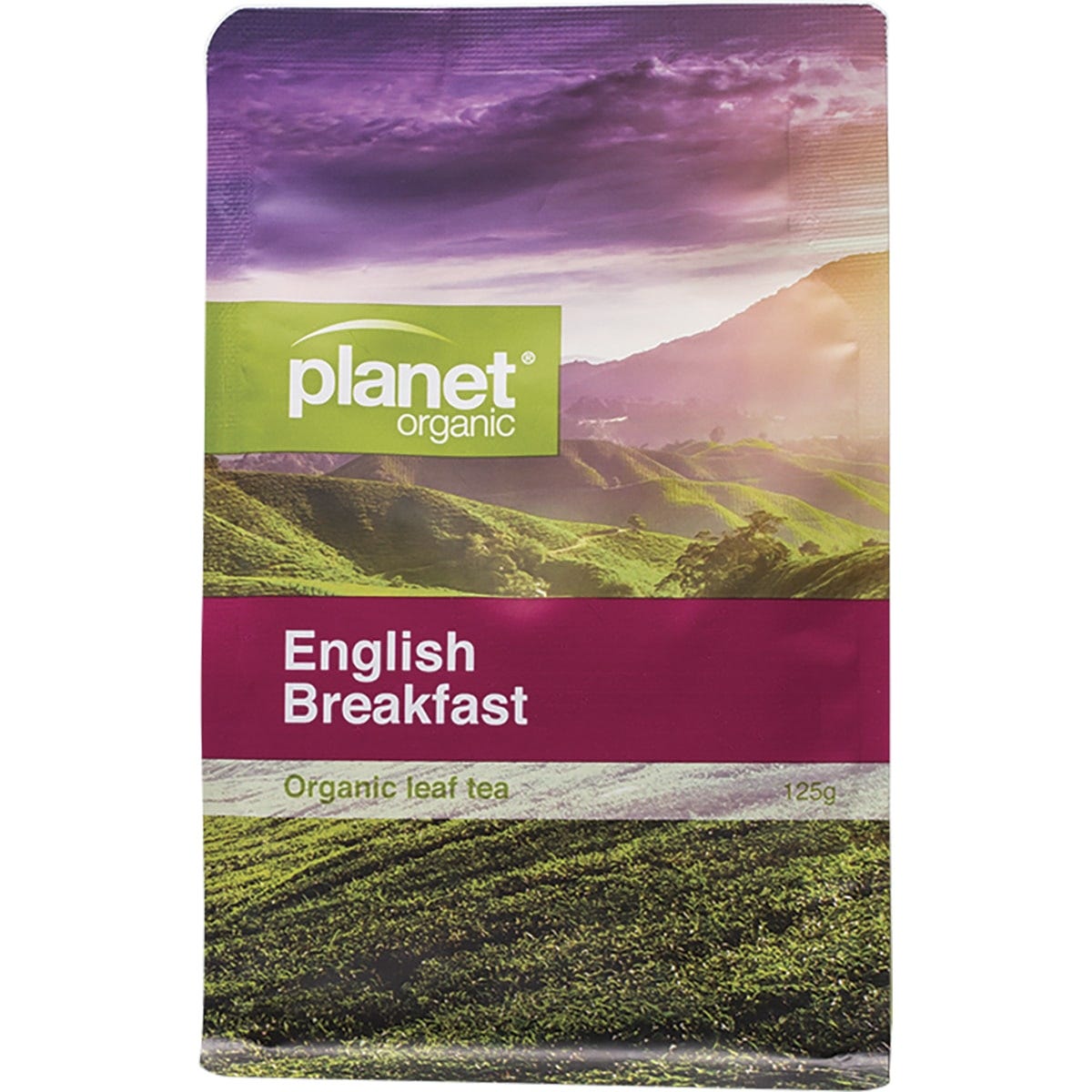125g box of Planet Organic English Breakfast herbal loose leaf tea made with certified organic black tea.