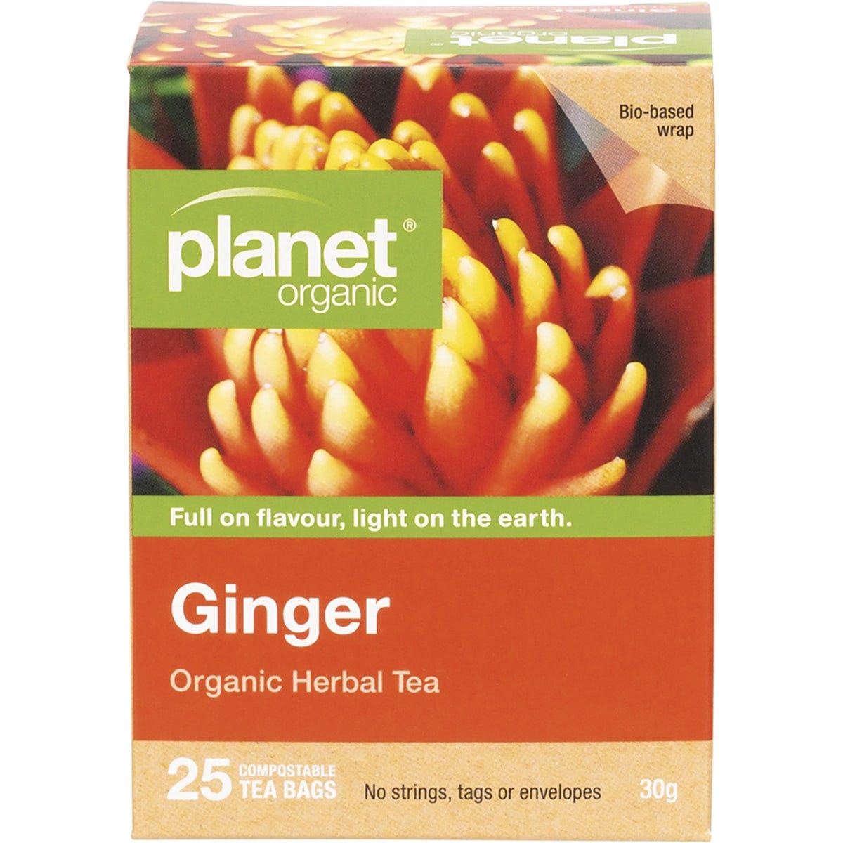 Planet Organic Ginger Herbal Tea box with 25 tea bags, featuring a yellow design with a sliced ginger root illustration.