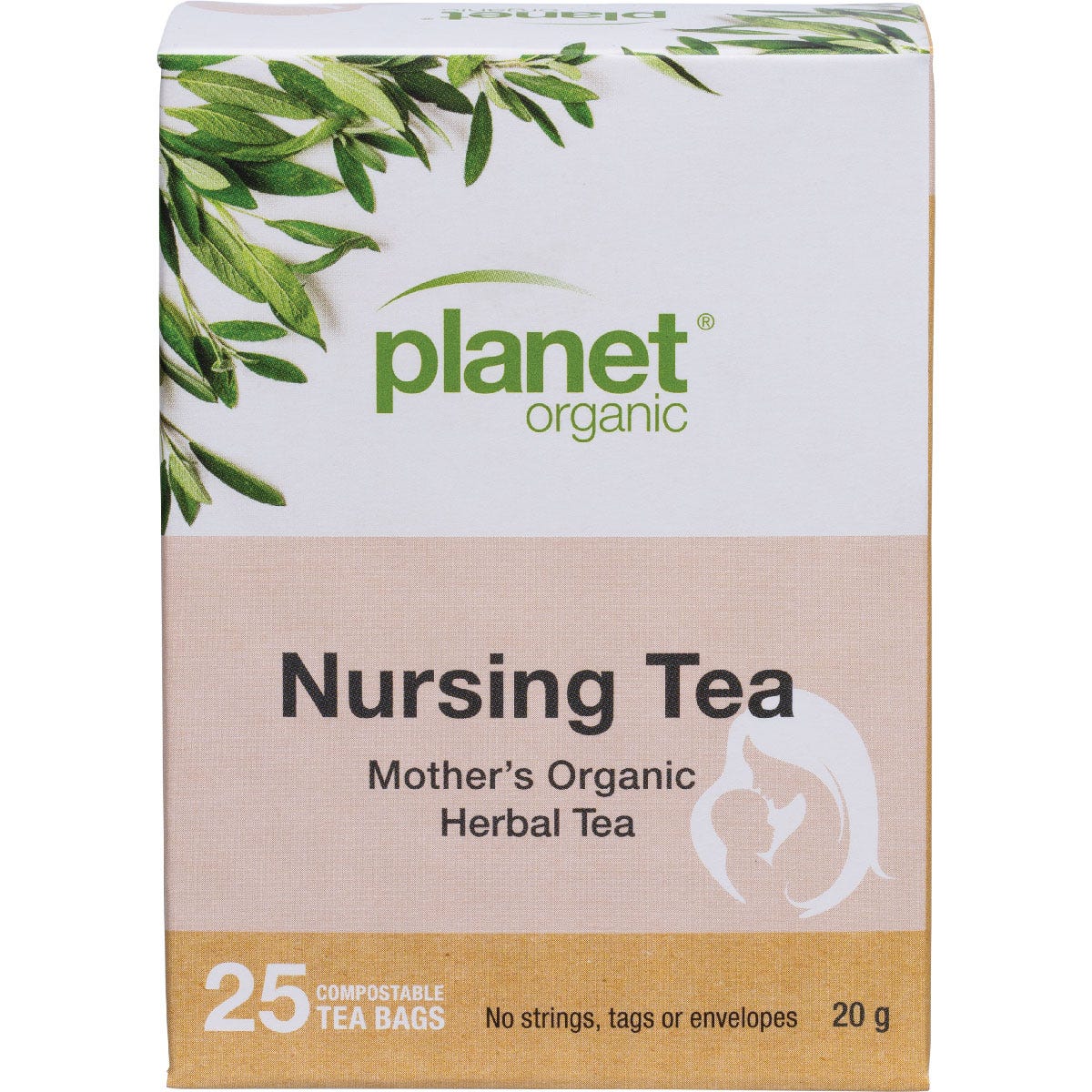 Box of 25 Planet Organic Mother's Nursing Herbal Tea bags featuring a blend of breastfeeding support herbs.