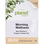 Planet Organic New Mother's Morning Wellness herbal tea bags 25 pack box with ginger, peppermint, and lemon balm.