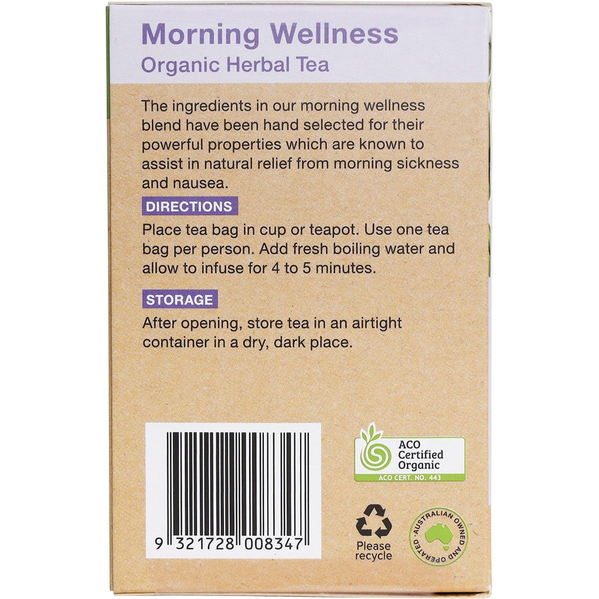 Side view of Planet Organic Morning Wellness tea box highlighting organic ingredients and digestive health benefits.
