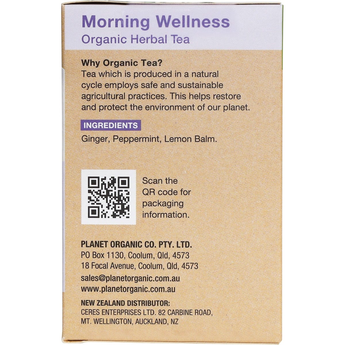 Right side of Planet Organic Morning Wellness tea box with product features and barcode.