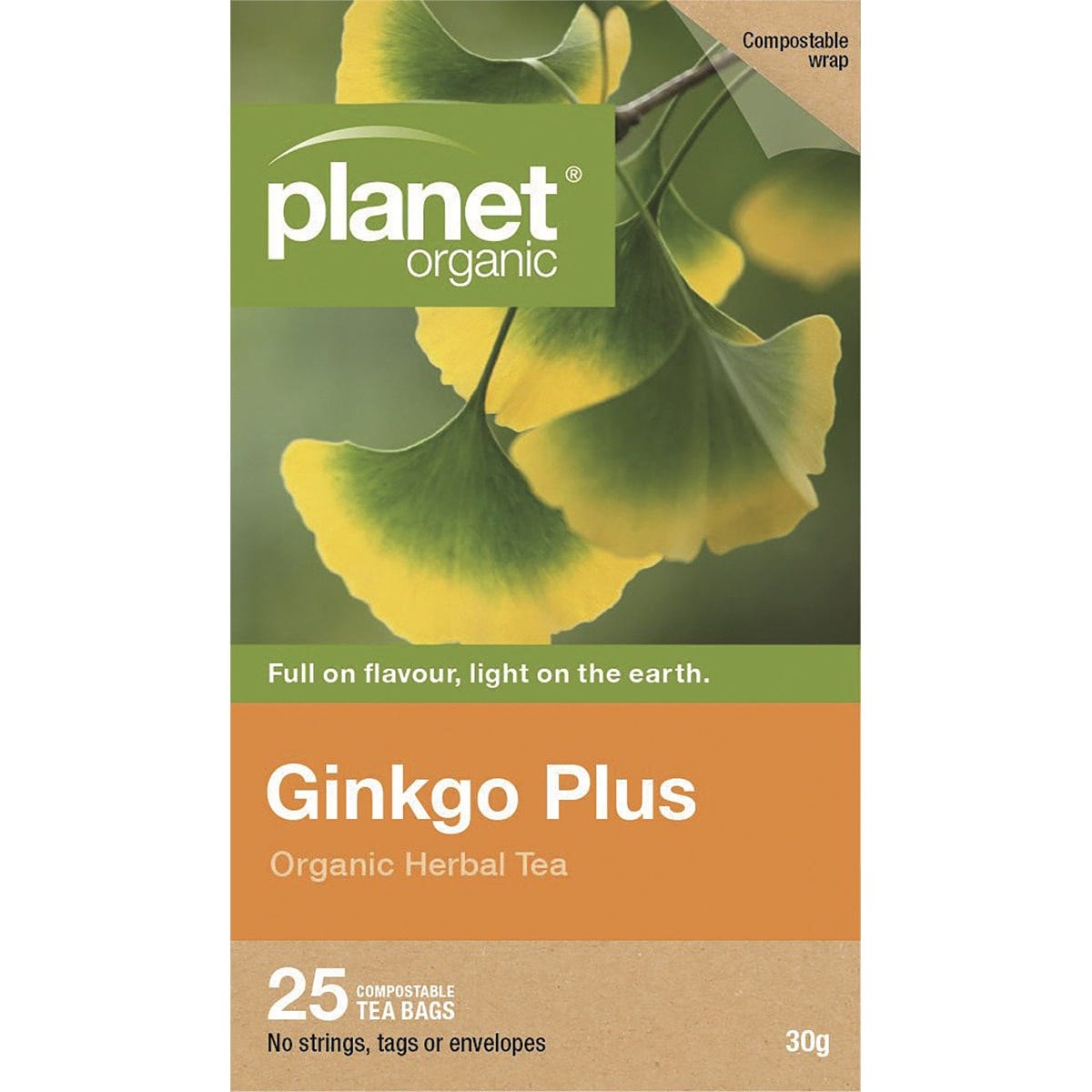 Box of 25 Planet Organic Ginkgo Plus herbal tea bags with ginkgo leaf, green tea, lemongrass, and spearmint.