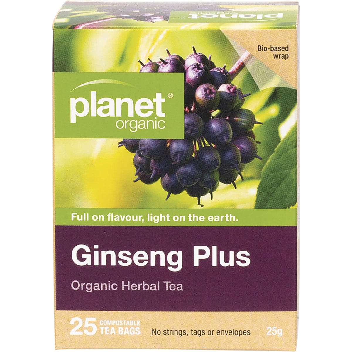 Box of 25 Planet Organic Ginseng Plus herbal tea bags with ingredients like ginger, ginseng, cinnamon, and licorice root.