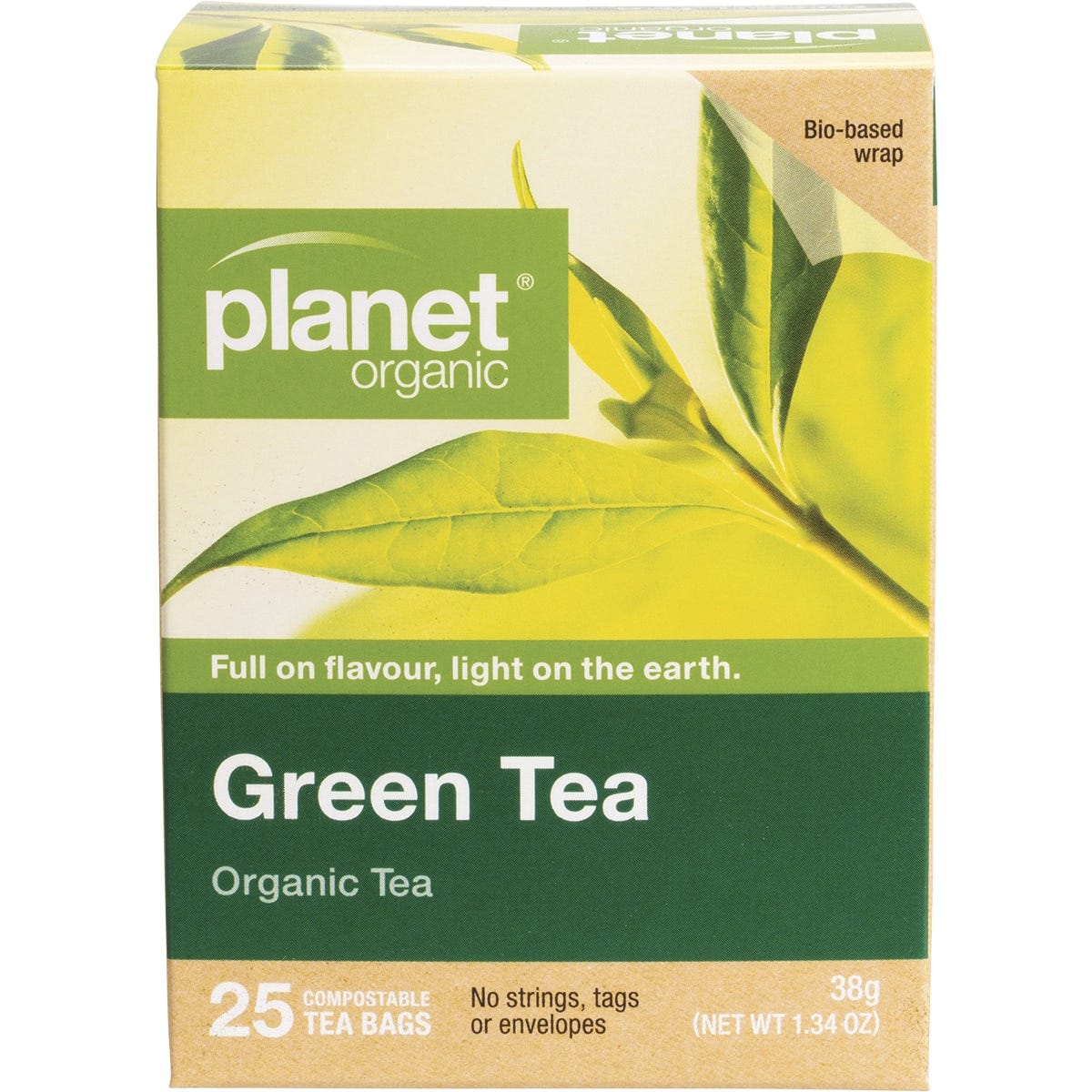 Box of Planet Organic Green Tea containing 25 herbal tea bags on a white background.