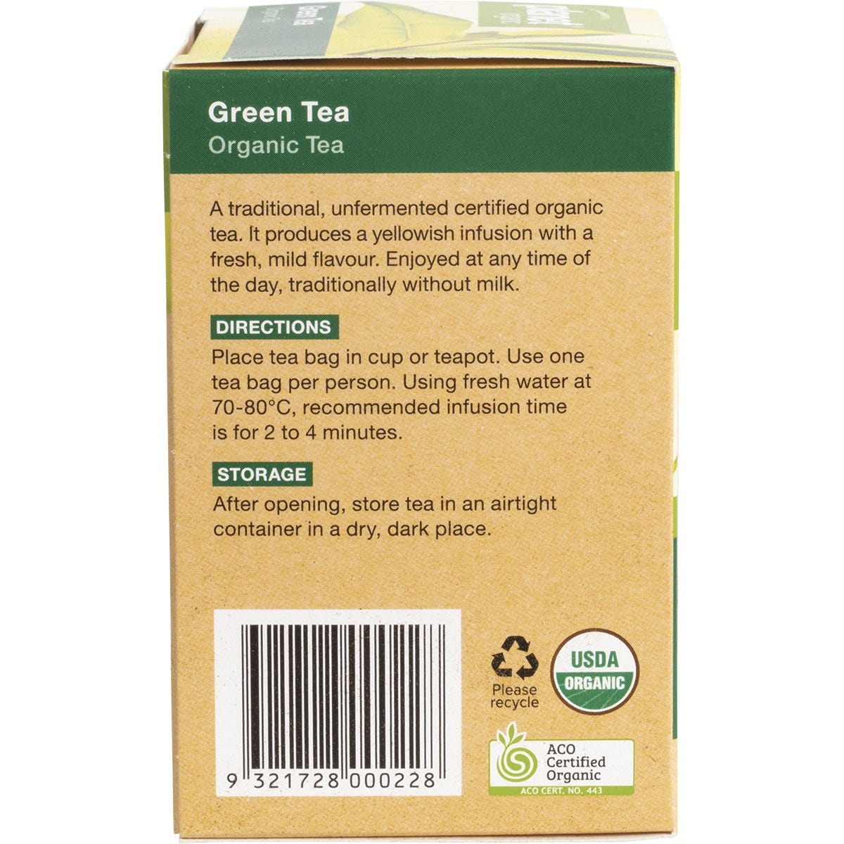 Side view of Planet Organic Green Tea box showing product benefits and a "100% Certified Organic" label.