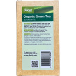 The back of a 125g box of Planet Organic Green Tea loose leaf tea, showing ingredients and brewing instructions.