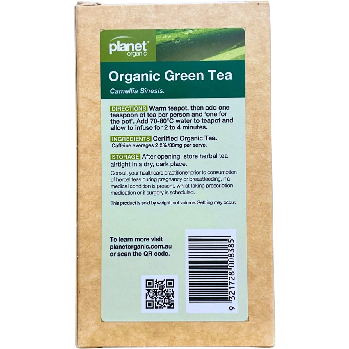 The back of a 125g box of Planet Organic Green Tea loose leaf tea, showing ingredients and brewing instructions.