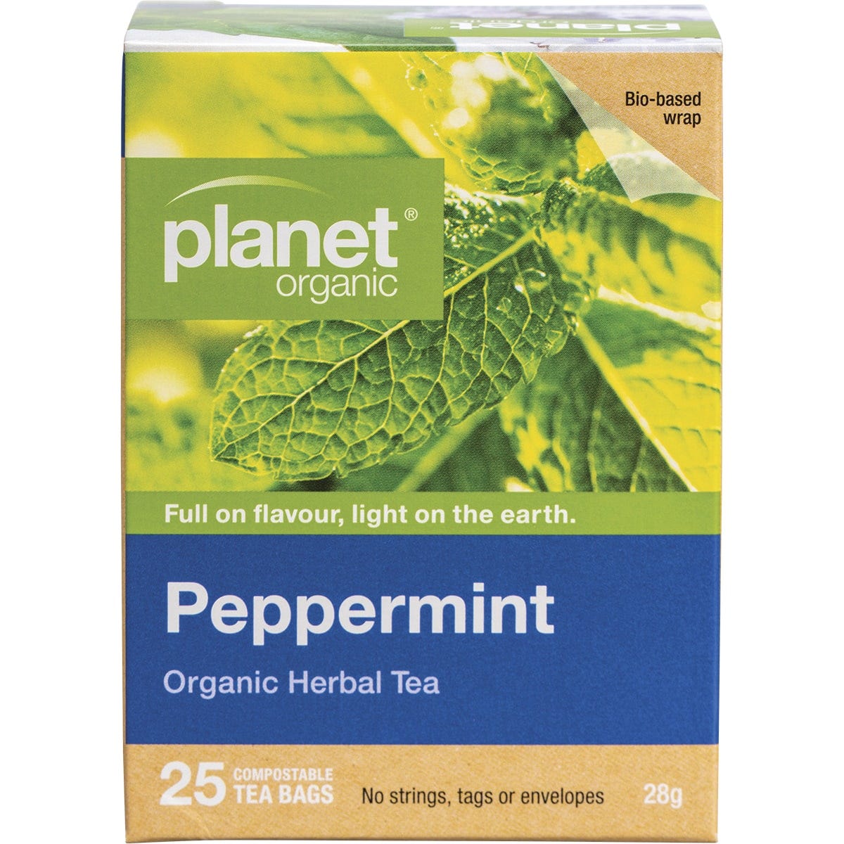 Box of 25 Planet Organic Peppermint Herbal Tea bags featuring green peppermint leaf illustrations on a white background.