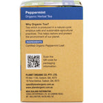 Left side of a Planet Organic Peppermint Tea box showing product details and a green leaf design on a white background.