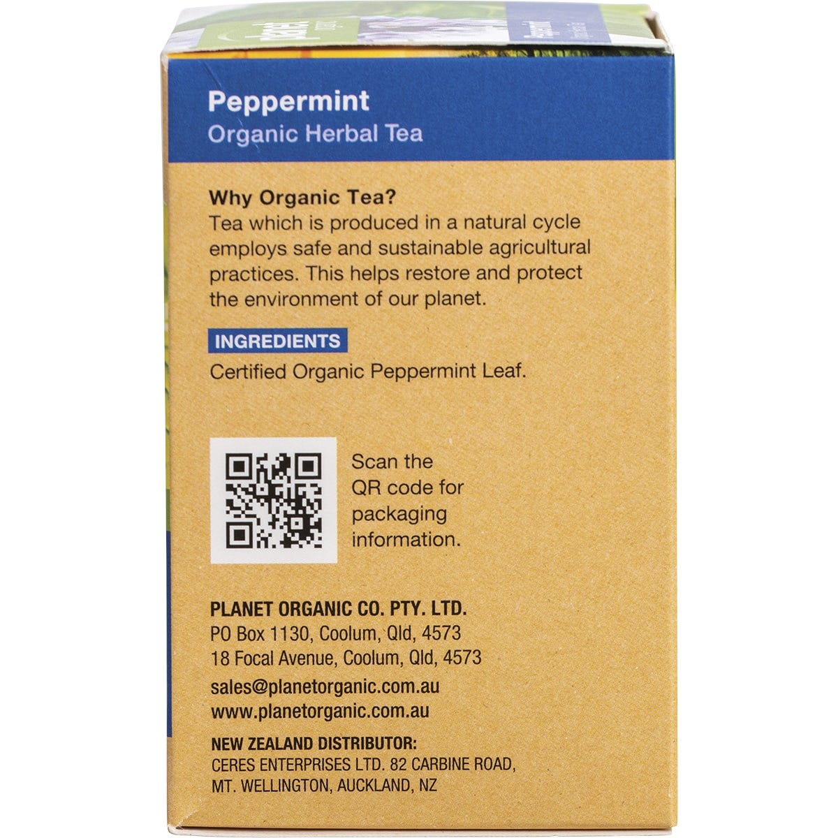 Left side of a Planet Organic Peppermint Tea box showing product details and a green leaf design on a white background.