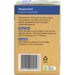 Right side of a Planet Organic Peppermint Tea box showing brewing instructions and a certified organic logo.