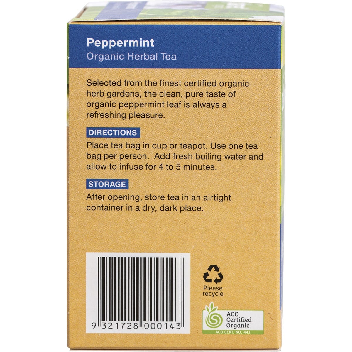 Right side of a Planet Organic Peppermint Tea box showing brewing instructions and a certified organic logo.