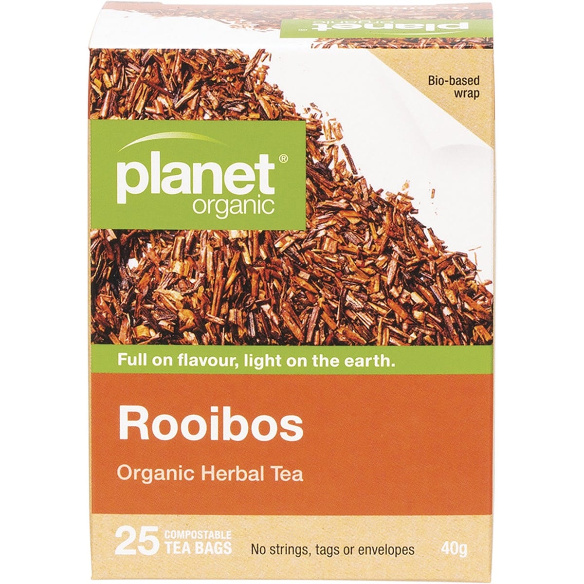 Planet Organic Rooibos Herbal Tea 25 pack box with a red teacup illustration on a white background.