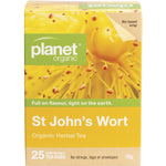 Box of Planet Organic St John's Wort Herbal Tea containing 25 tea bags, featuring yellow flowers on a white background.
