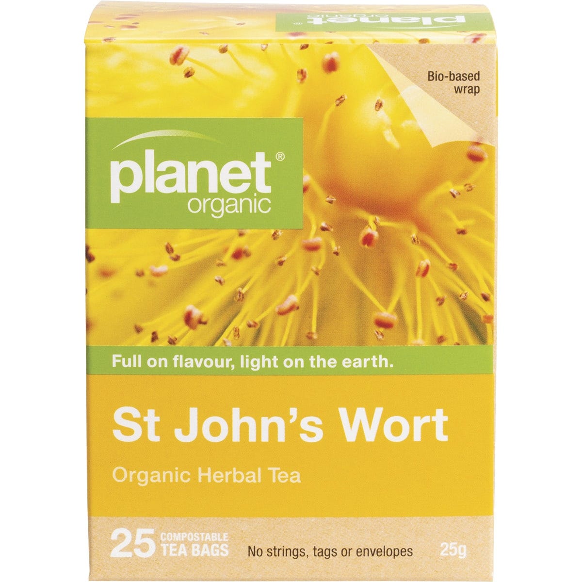 Box of Planet Organic St John's Wort Herbal Tea containing 25 tea bags, featuring yellow flowers on a white background.