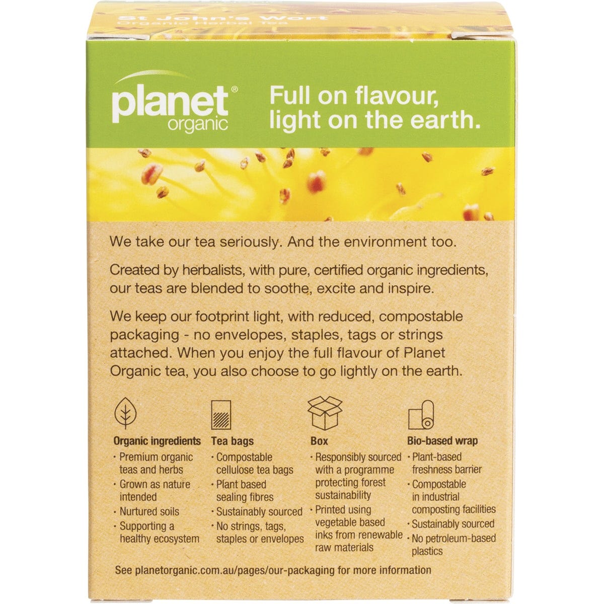 Back of Planet Organic St John's Wort Tea box showing ingredients, brewing instructions, and organic certification.