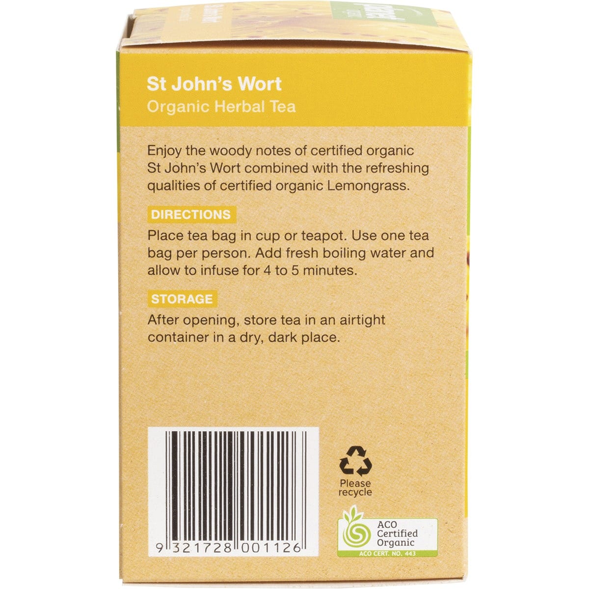 Side view of Planet Organic St John's Wort Tea box showing product description and environmental features.