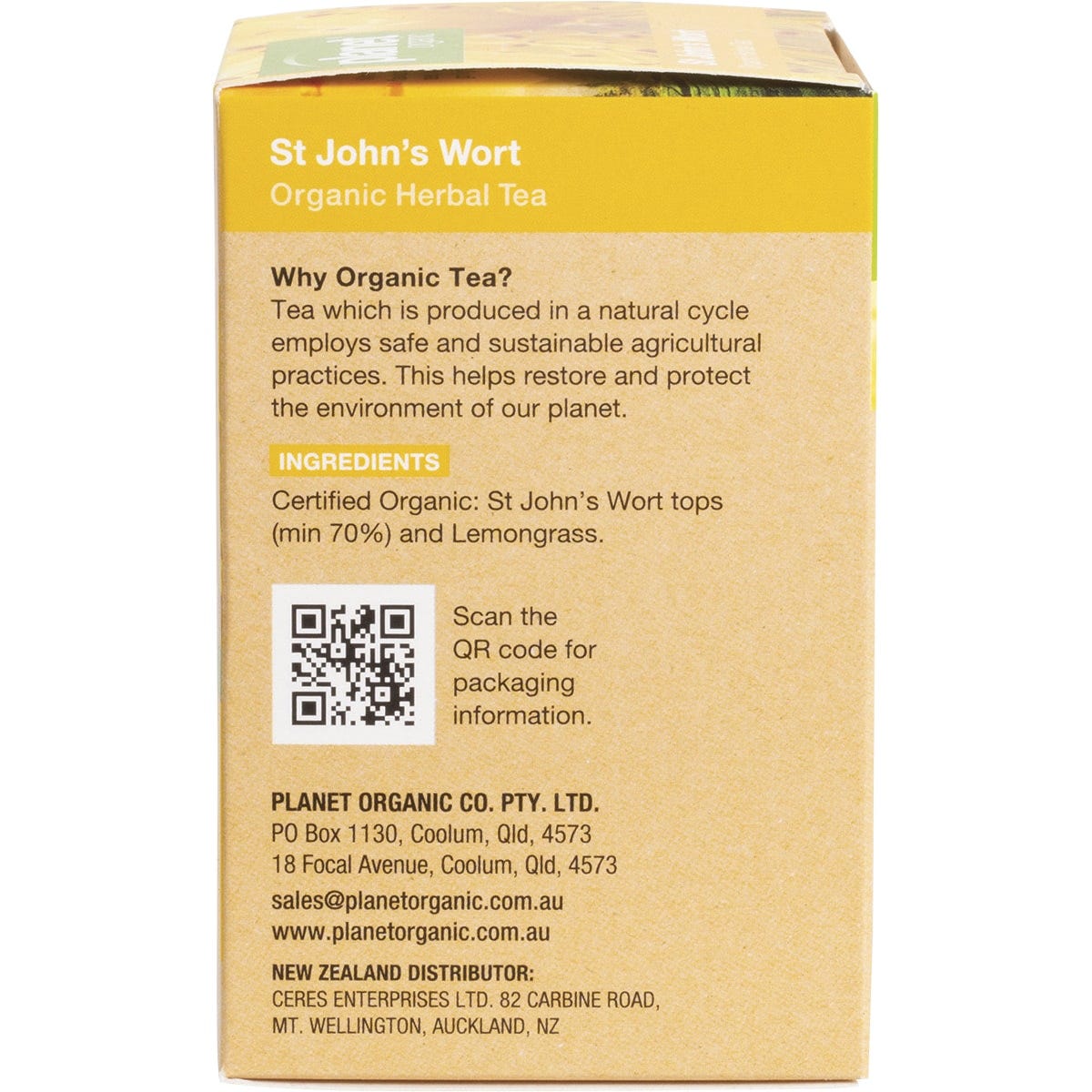 Side view of Planet Organic St John's Wort Tea box highlighting certified organic and 100% cotton string features.