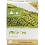 Box of 25 Planet Organic White Tea herbal tea bags featuring a delicate, certified organic blend in a white and blue box.