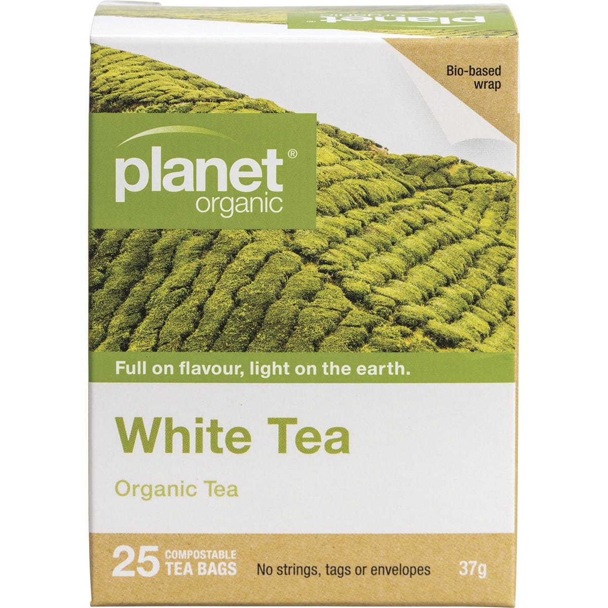 Box of 25 Planet Organic White Tea herbal tea bags featuring a delicate, certified organic blend in a white and blue box.
