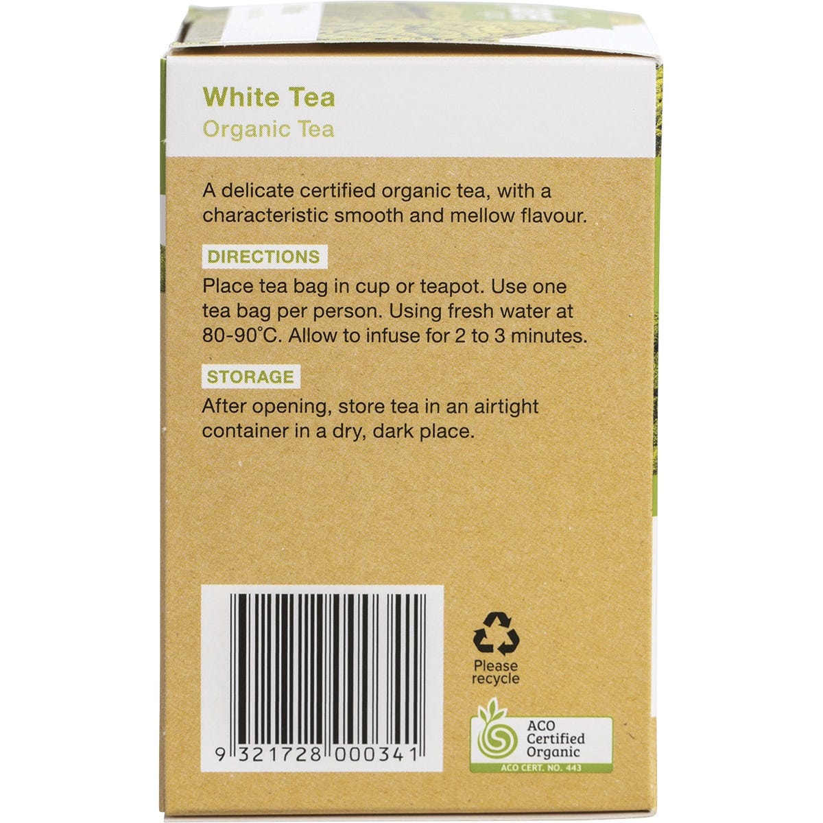 Side view of Planet Organic White Tea box highlighting certified organic, quality, and ethically sourced features.