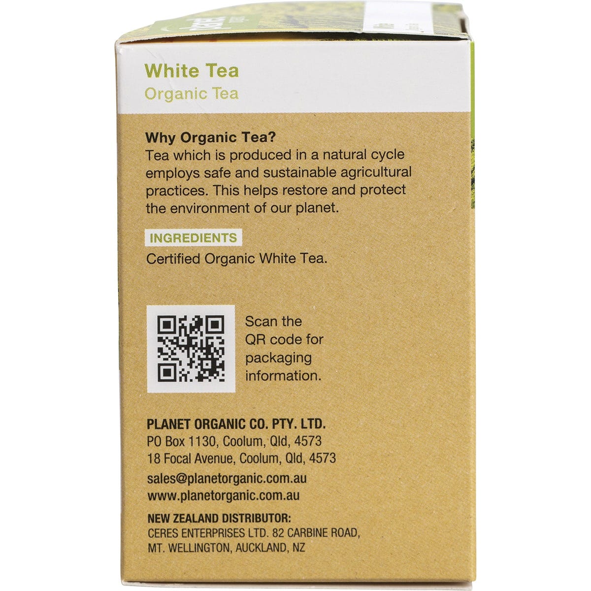Right side of Planet Organic White Tea box showing key benefits and the Australian Certified Organic logo.