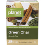 A box of Planet Organic Green Chai Herbal Tea containing 25 tea bags, featuring green tea and organic spices.